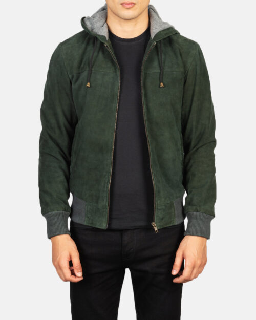 Nintenzo Green Hooded Suede Bomber Jacket